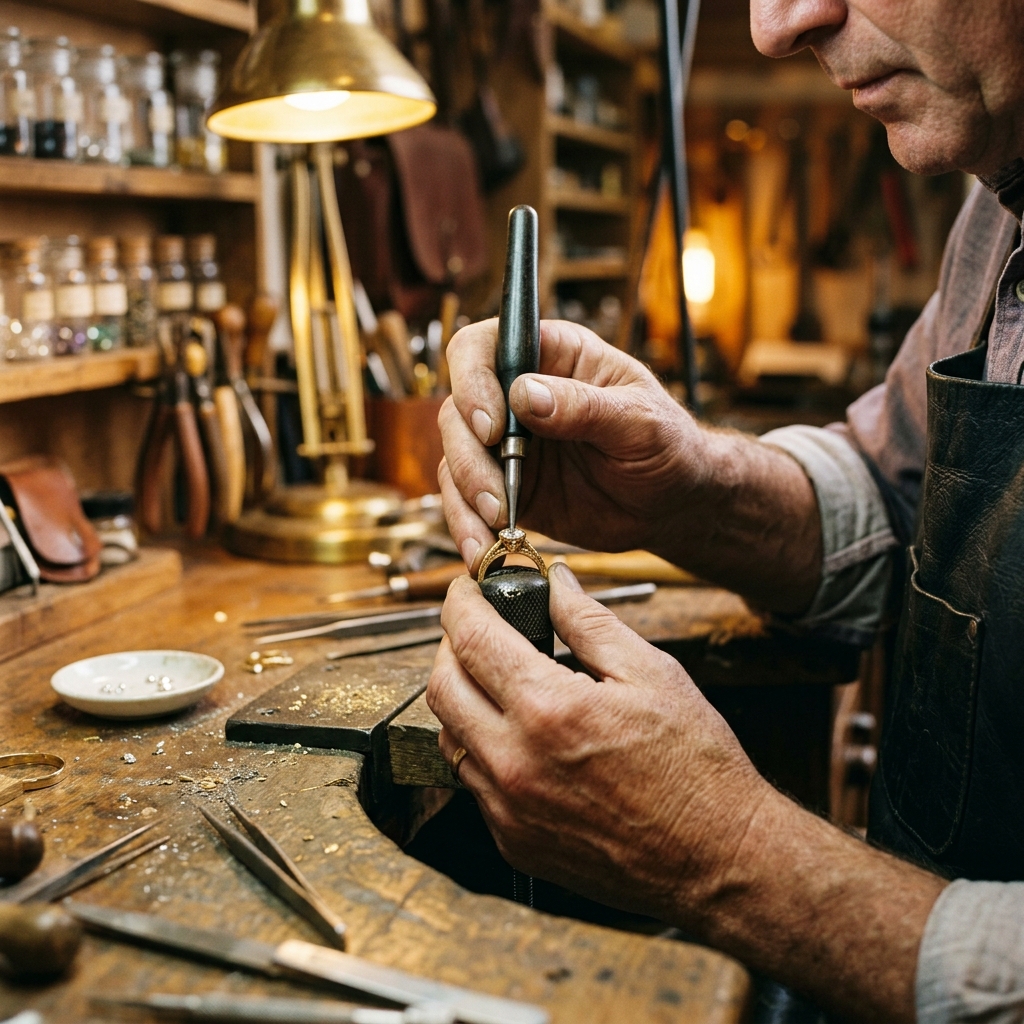 Master artisan hand-setting a diamond into a gold ring at the Lumière workshop