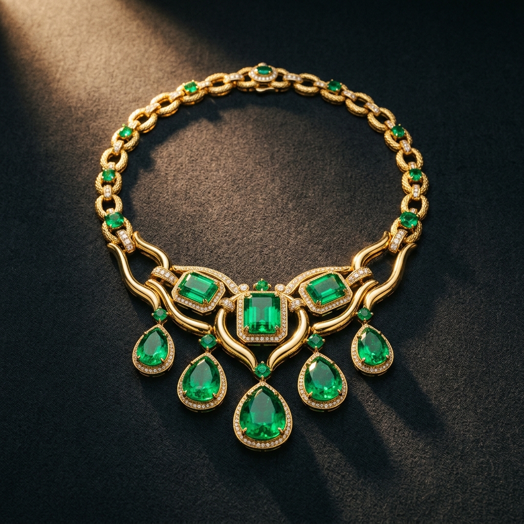 Signature Pieces collection with statement gold and emerald necklace