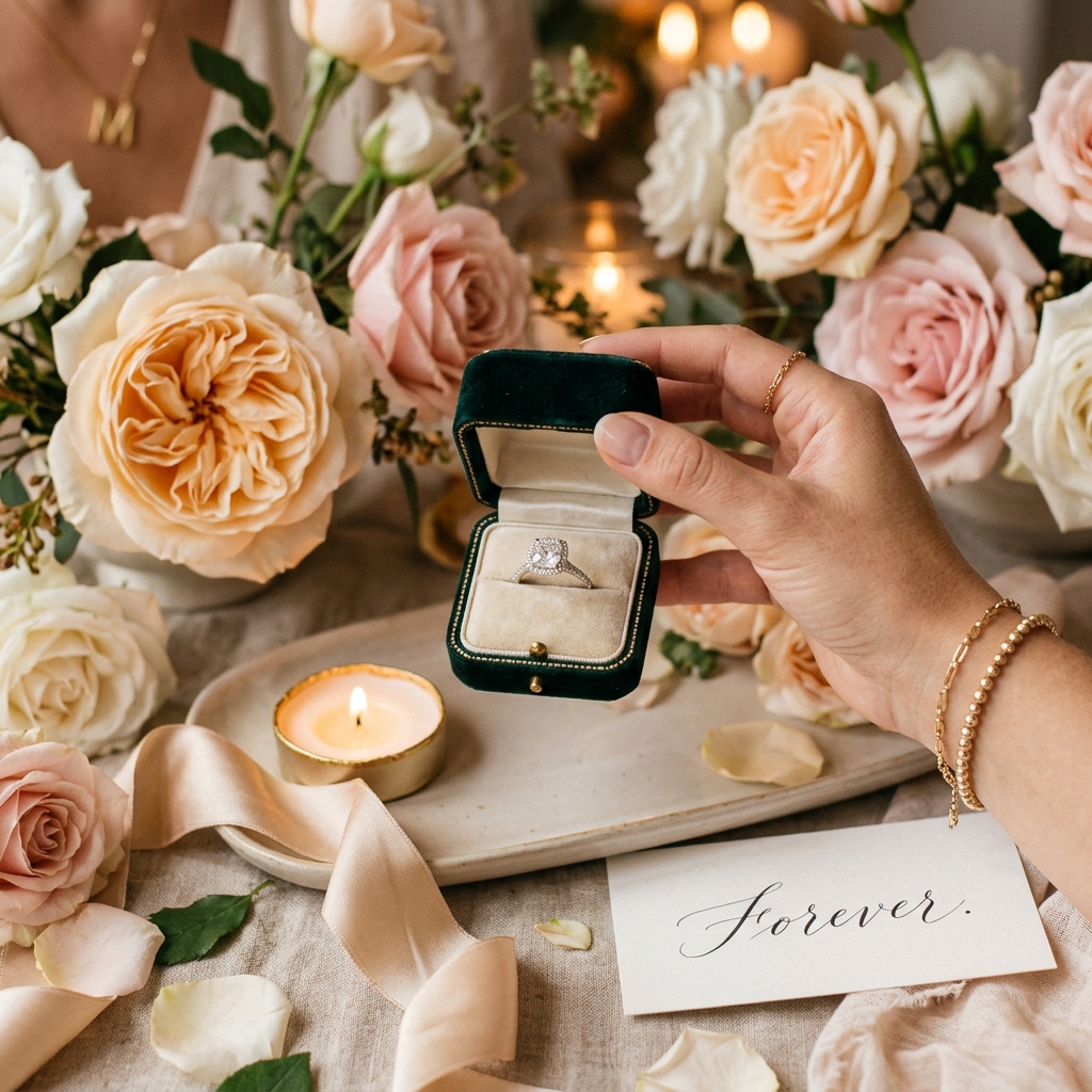 Diamond ring box with roses